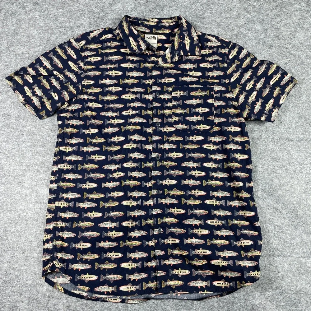 The North Face Shirt Mens L Navy Blue Trout Fish AOP Short Sleeve Button Down